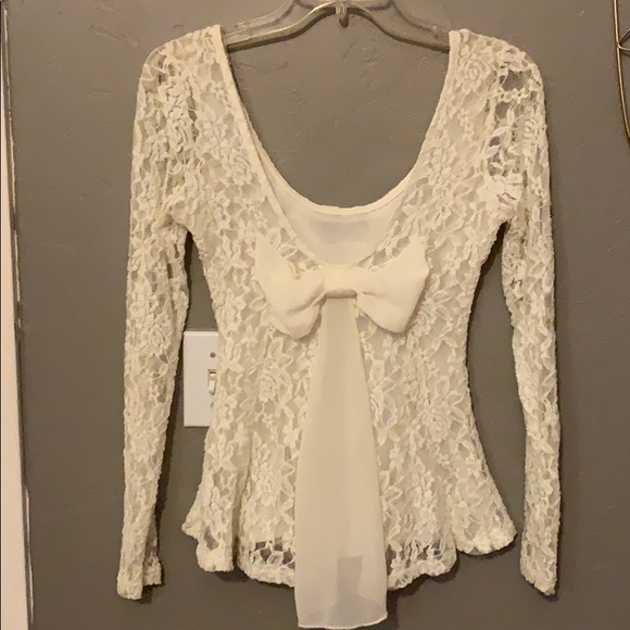 Windsor Tops - Ivory lace bow shirt